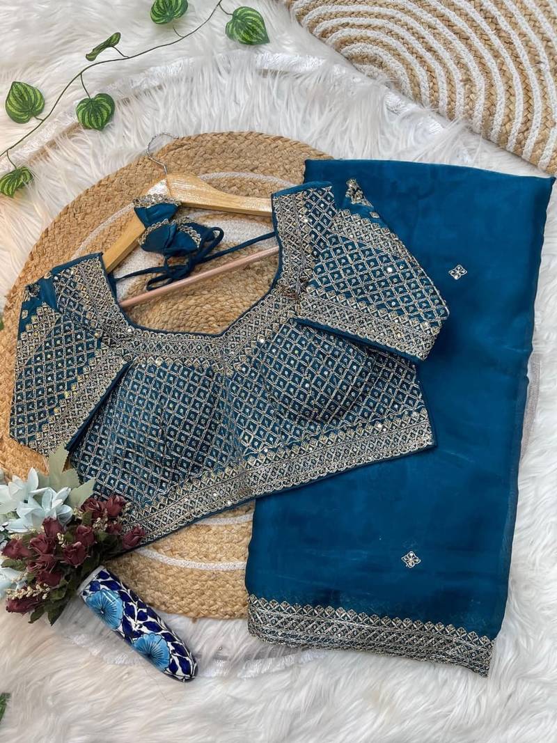 Teal Color embroidery sequence work Silk Blend Saree