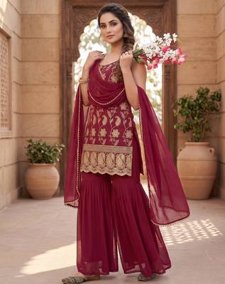Women   s designer maroon embroidered sharara suit set with dupatta 2