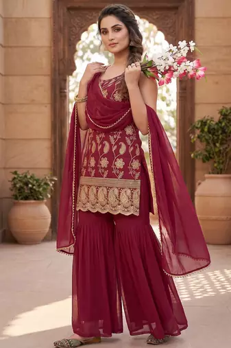 Women   s designer maroon embroidered sharara suit set with dupatta