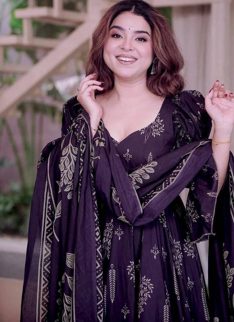 Purple cotton anarkali palazzo suit set