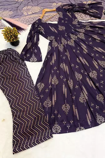 Purple cotton anarkali palazzo suit set