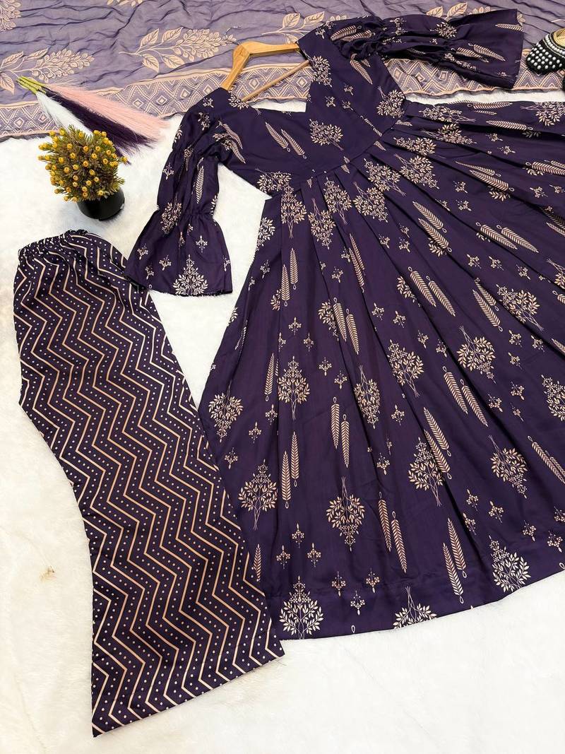Purple cotton anarkali palazzo suit set