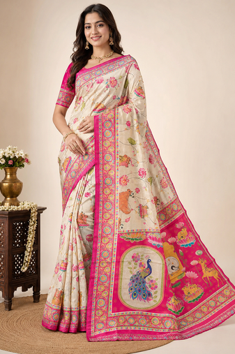 Cream Crepe Silk Saree with Blouse