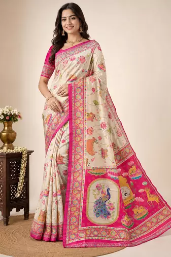 Cream Crepe Silk Saree with Blouse