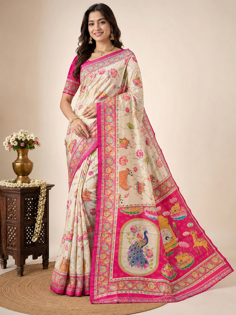 Cream Crepe Silk Saree with Blouse
