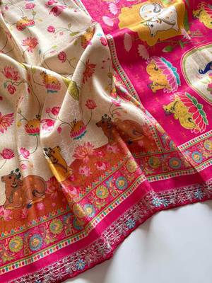 Cream Crepe Silk Saree with Blouse 3