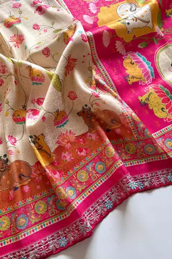 Cream Crepe Silk Saree with Blouse