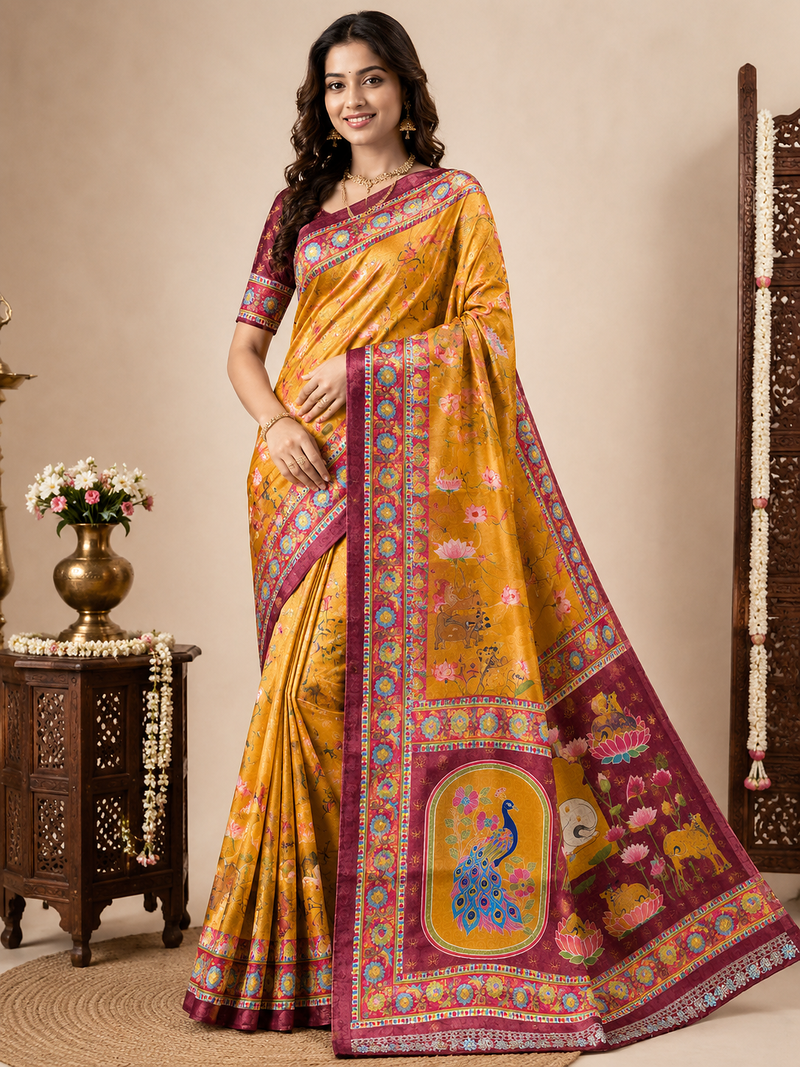 Yellow Color Crepe Saree with Blouse