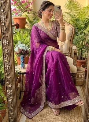 Wine Color embroidery sequence work Silk Blend Saree 1