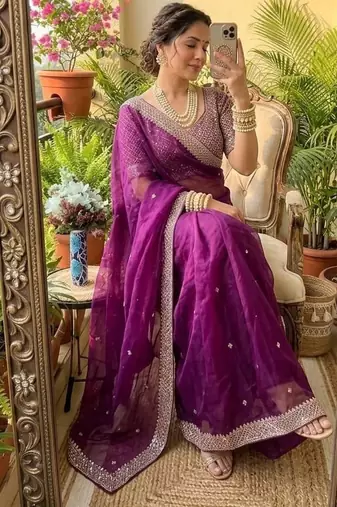 Wine Color embroidery sequence work Silk Blend Saree