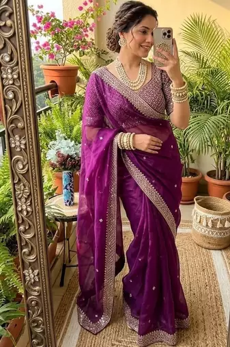 Wine Color embroidery sequence work Silk Blend Saree