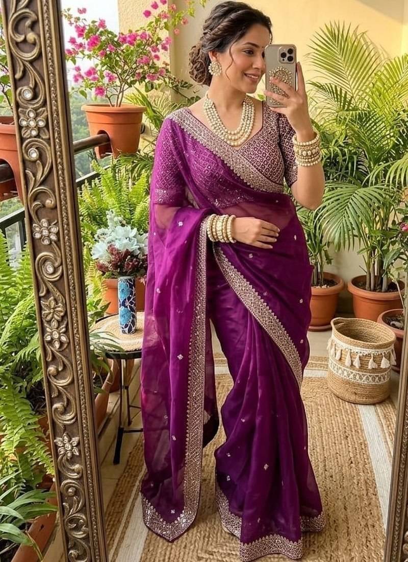Wine Color embroidery sequence work Silk Blend Saree