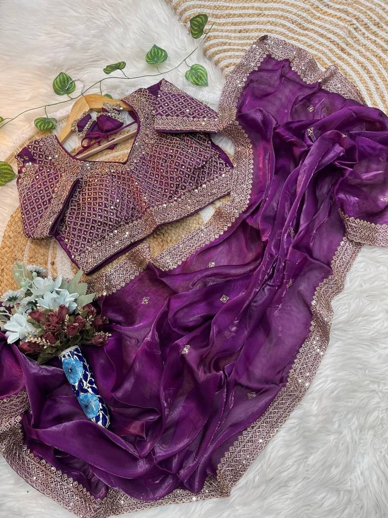 Wine Color embroidery sequence work Silk Blend Saree
