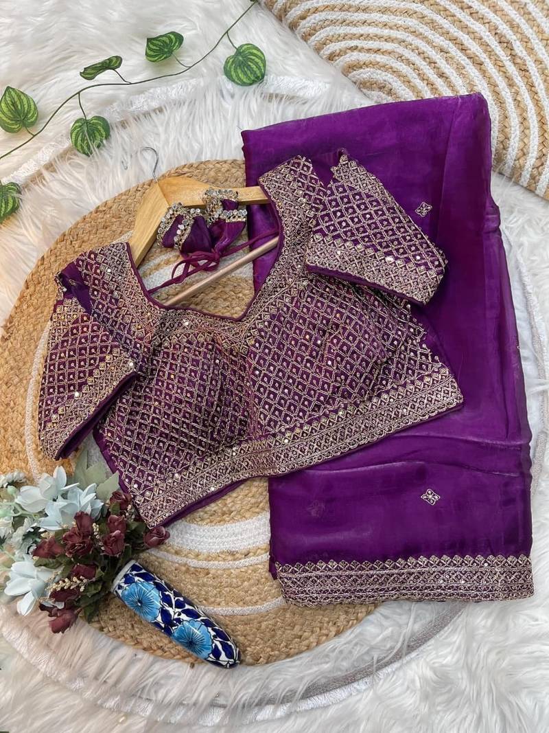 Wine Color embroidery sequence work Silk Blend Saree