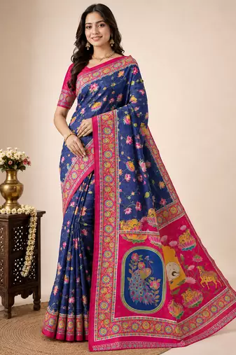 Navy Blue Crepe Silk Saree with Blouse