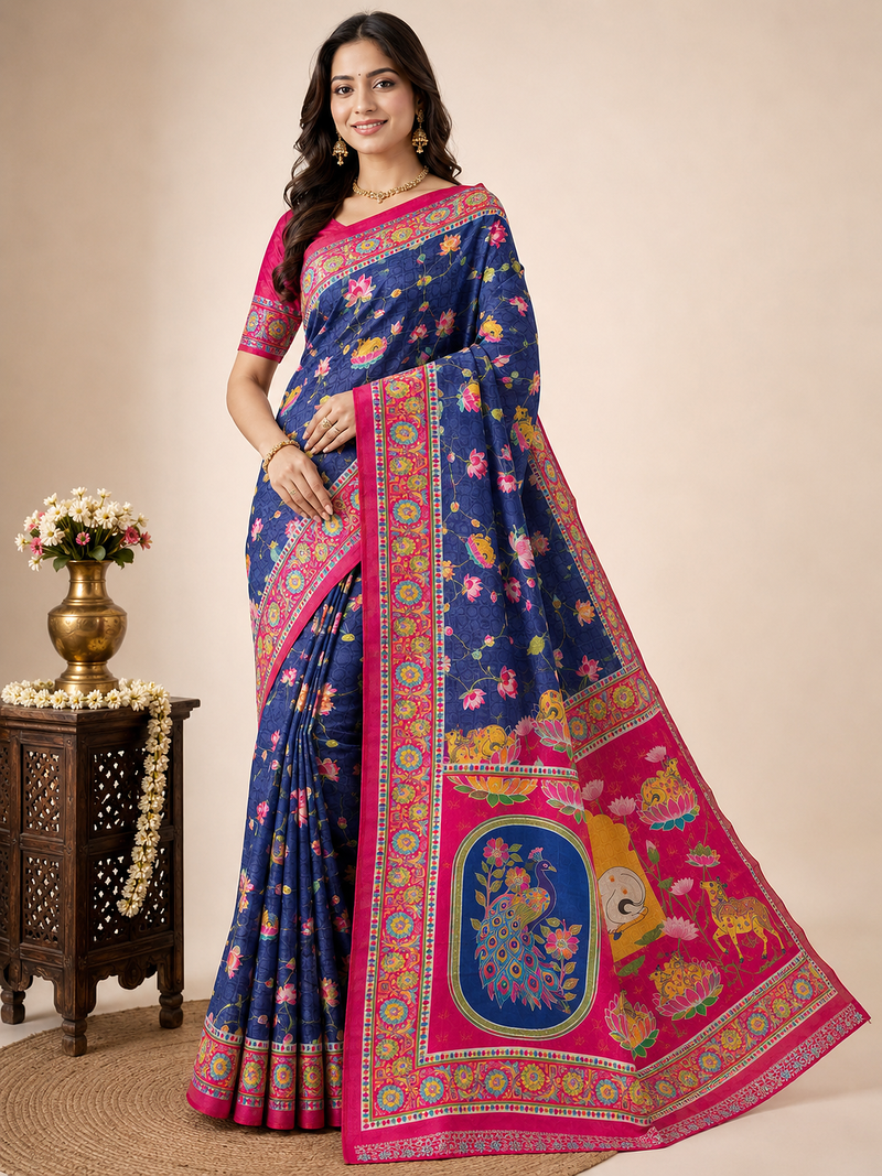 Navy Blue Crepe Silk Saree with Blouse