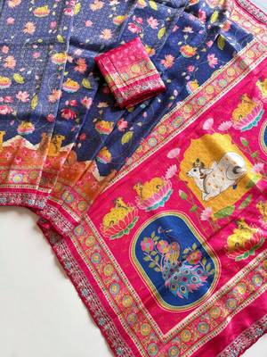 Navy Blue Crepe Silk Saree with Blouse 2