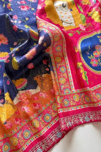 Navy Blue Crepe Silk Saree with Blouse