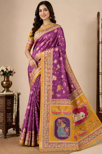 Purple Crepe Silk Saree with Blouse