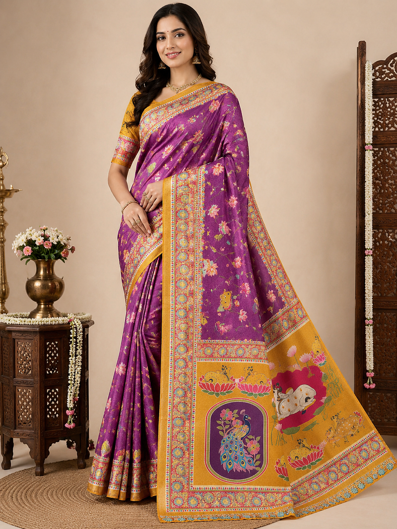 Purple Crepe Silk Saree with Blouse