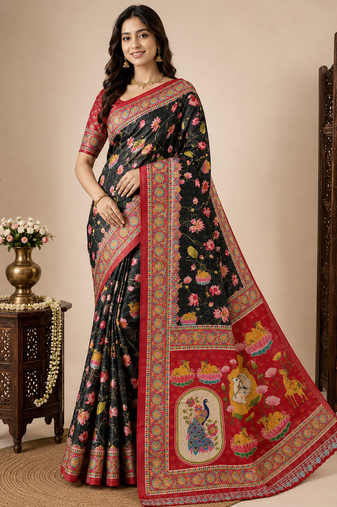 Black Crepe Silk Saree with Blouse