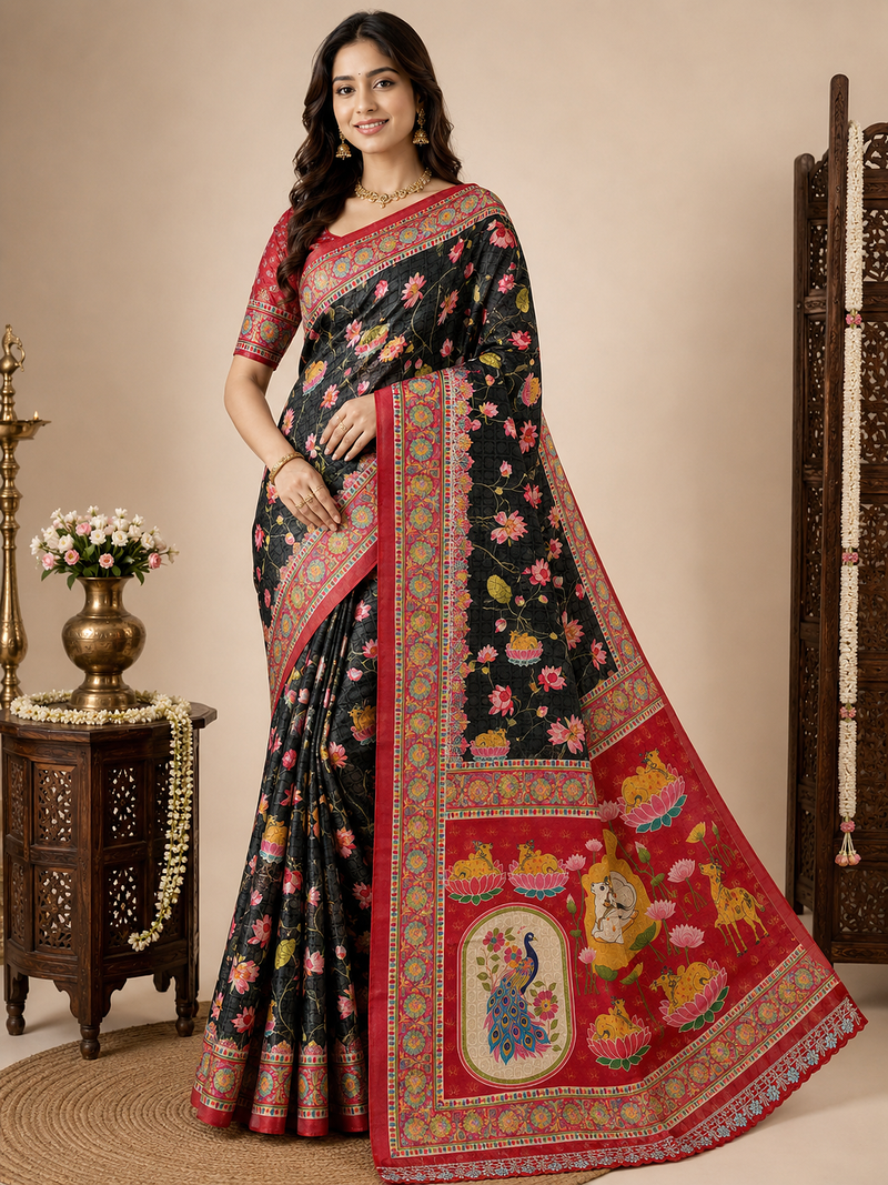 Black Crepe Silk Saree with Blouse