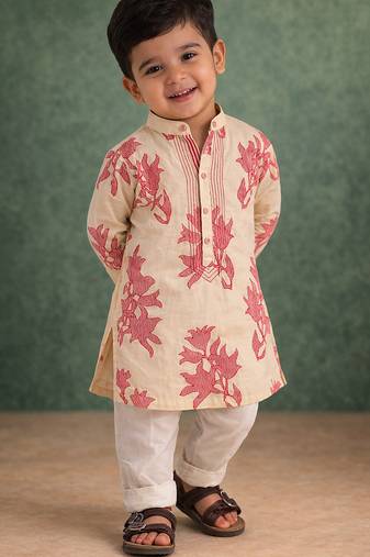 Beige floral printed cotton kurta set