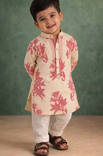 Beige floral printed cotton kurta set