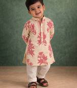 Beige floral printed cotton kurta set