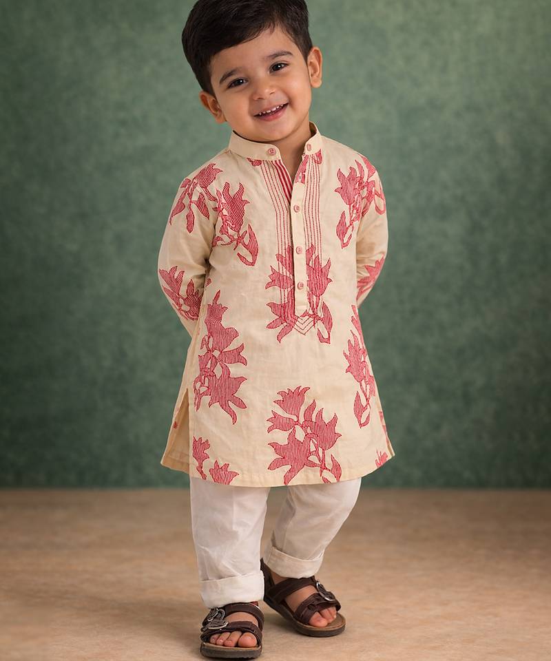 Beige floral printed cotton kurta set