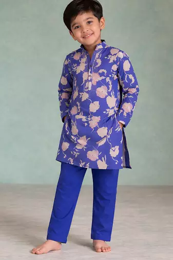 Blue floral printed cotton kurta set