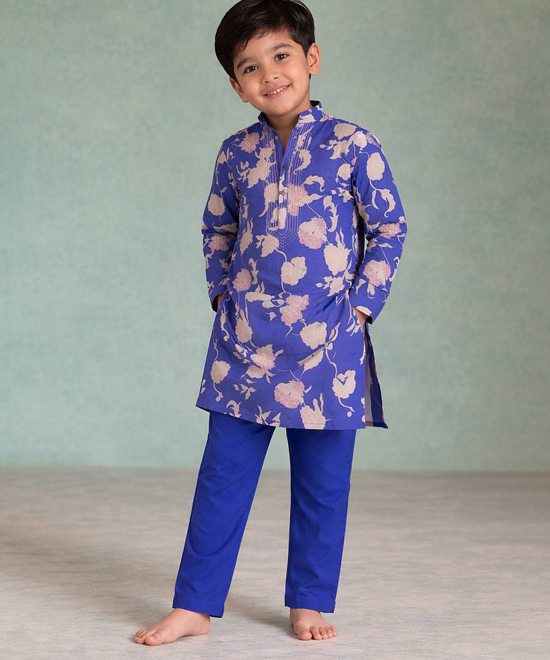 Blue floral printed cotton kurta set