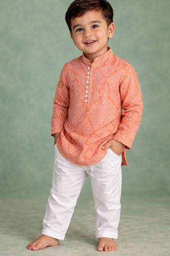 Peach printed cotton kurta set
