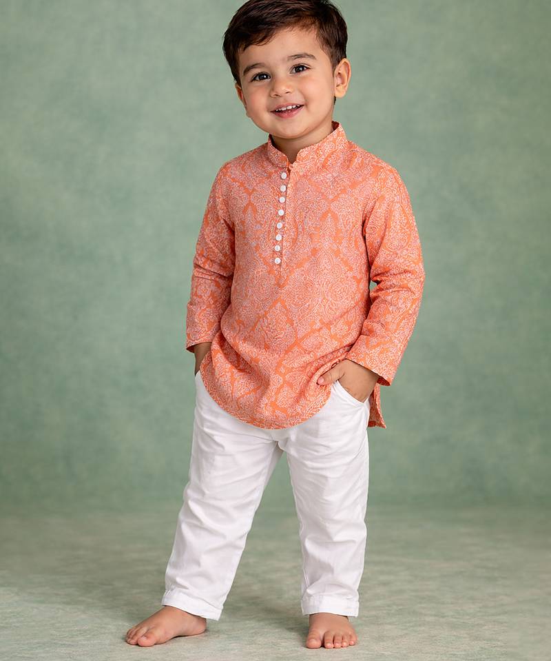 Peach printed cotton kurta set