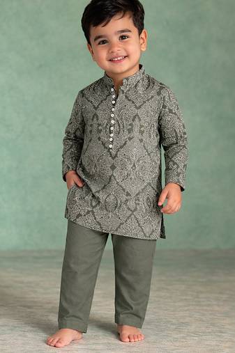 Olive green printed cotton kurta set