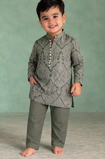 Olive green printed cotton kurta set