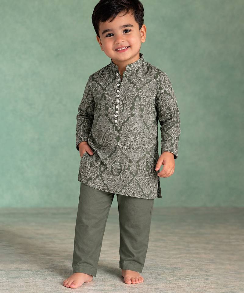 Olive green printed cotton kurta set