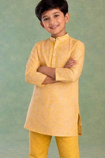 Mustard yellow printed silk kurta set