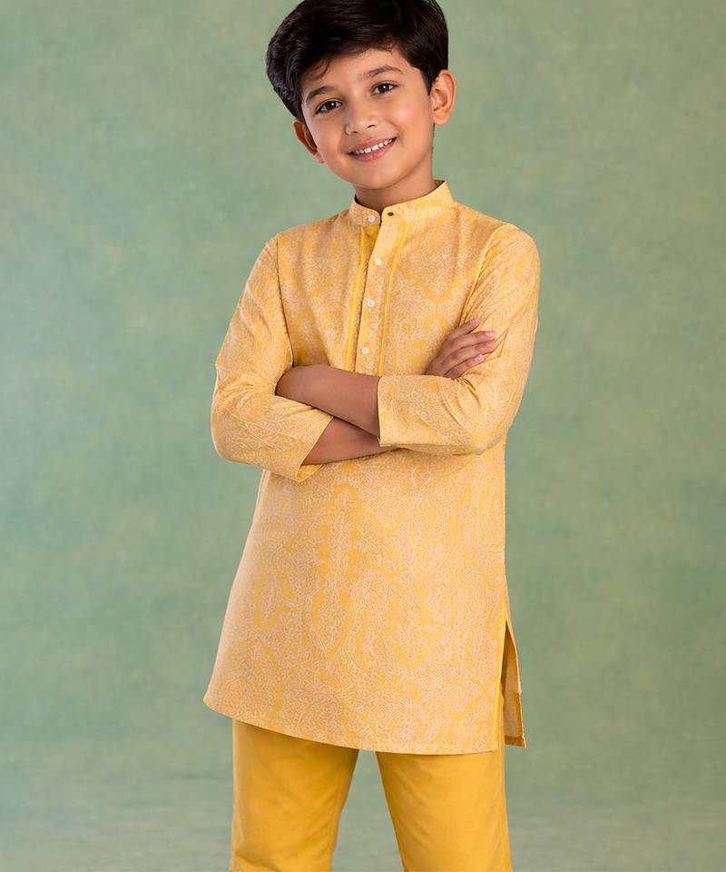 Mustard yellow printed silk kurta set