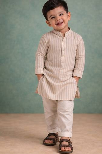 Beige stripes printed silk kurta set