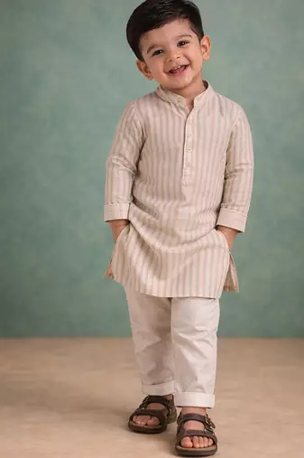 Beige stripes printed silk kurta set