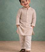 Beige stripes printed silk kurta set