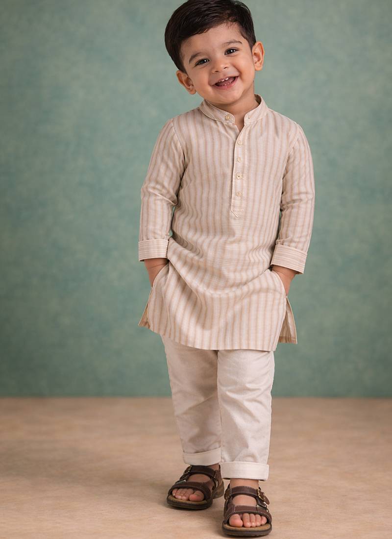 Beige stripes printed silk kurta set