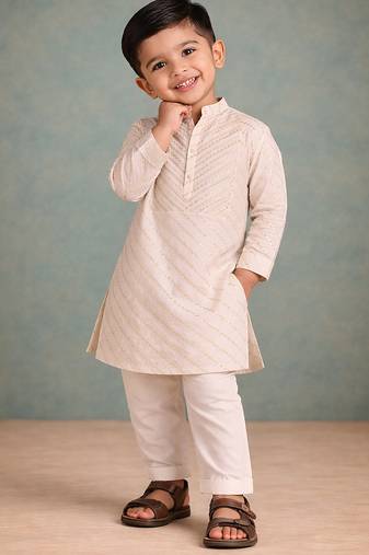 Off white embroidered brocade kurta set