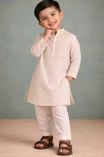 Off white embroidered brocade kurta set
