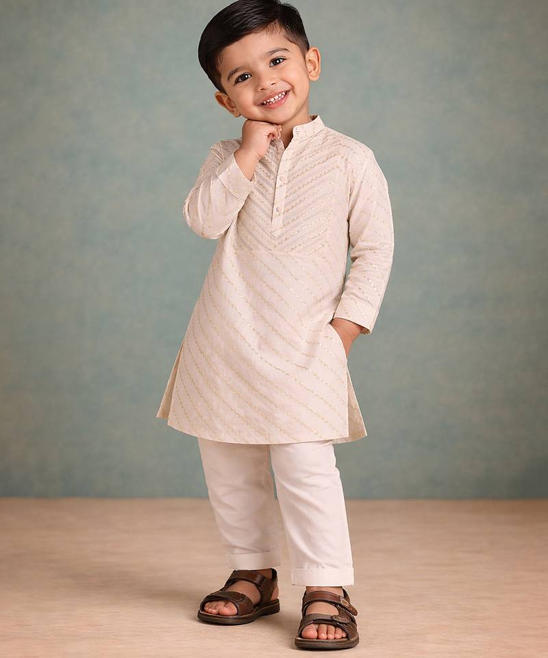 Off white embroidered brocade kurta set