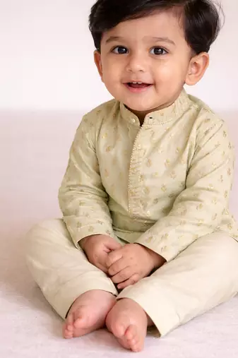 Mint green printed brocade kurta set