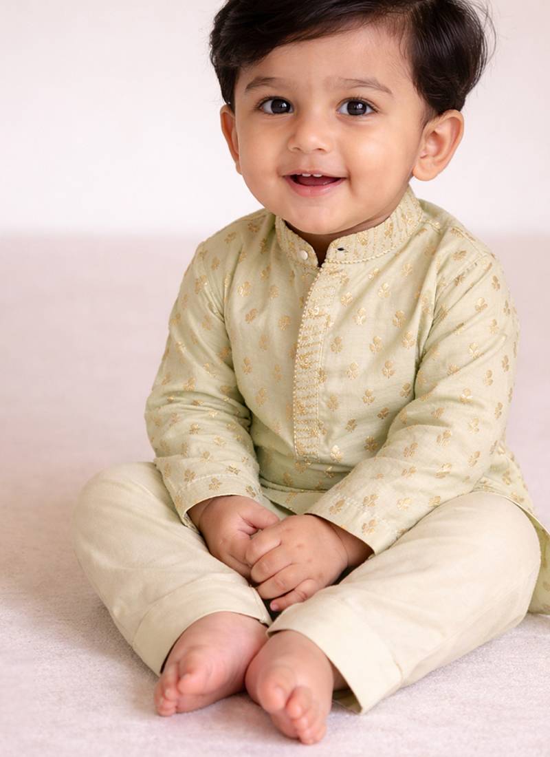 Mint green printed brocade kurta set