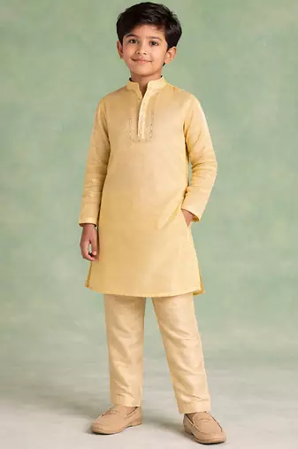Golden yellow embroidered chanderi kurta set