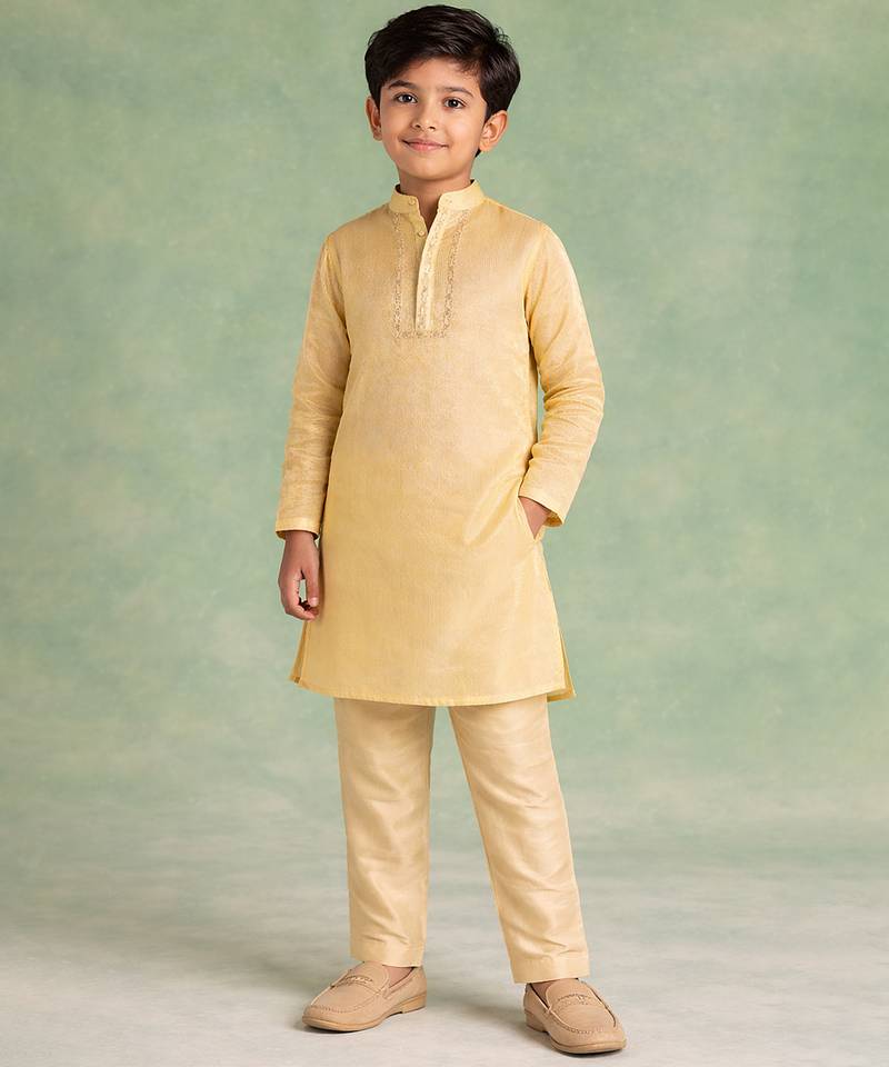 Golden yellow embroidered chanderi kurta set